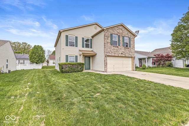 traditional home featuring a front lawn, fence, brick siding, an attached garage, and driveway