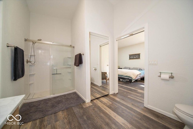 11815 E Pocahontas Dr, Greencastle, IN 46135 - ensuite bathroom featuring wood finished floors, a stall shower, toilet, baseboards, and vanity