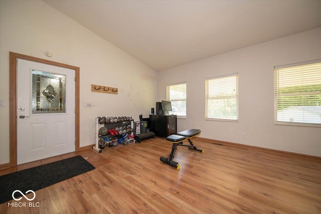 11815 E Pocahontas Dr, Greencastle, IN 46135 - workout area featuring wood finished floors, lofted ceiling, and baseboards