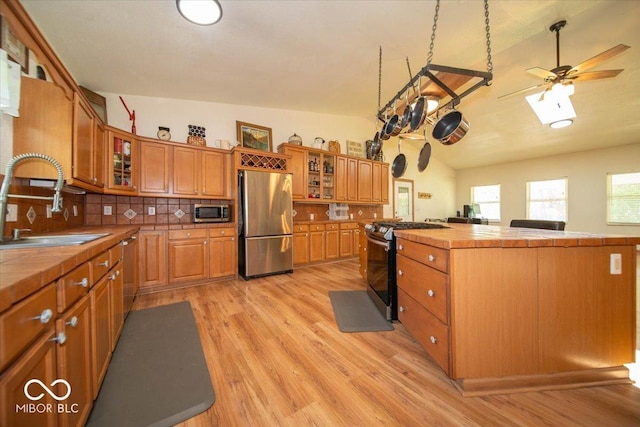11815 E Pocahontas Dr, Greencastle, IN 46135 - kitchen with appliances with stainless steel finishes, a sink, light wood-type flooring, vaulted ceiling, and decorative backsplash