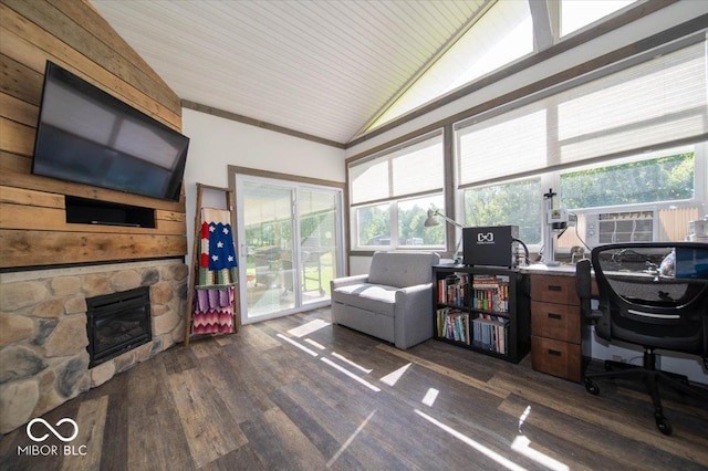 11815 E Pocahontas Dr, Greencastle, IN 46135 - office space featuring vaulted ceiling, dark wood-style floors, a stone fireplace, and wood ceiling