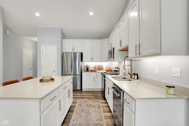 5580 Pintail Ln, Greenwood, IN 46143 - kitchen featuring appliances with stainless steel finishes, a sink, a center island, dark wood-style floors, and light countertops