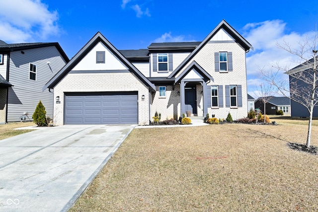 view of front of home featuring concrete driveway, a front yard, and brick siding