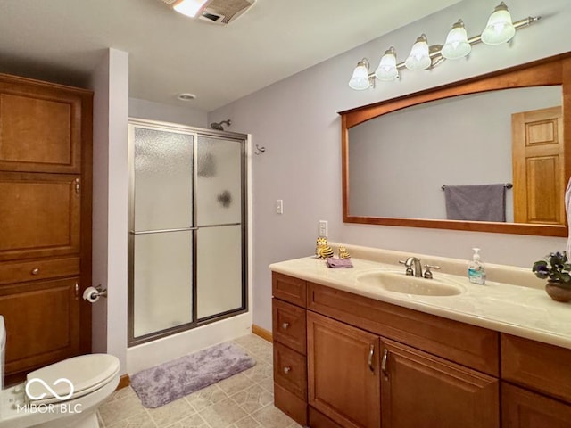 full bath with a shower stall, vanity, and toilet