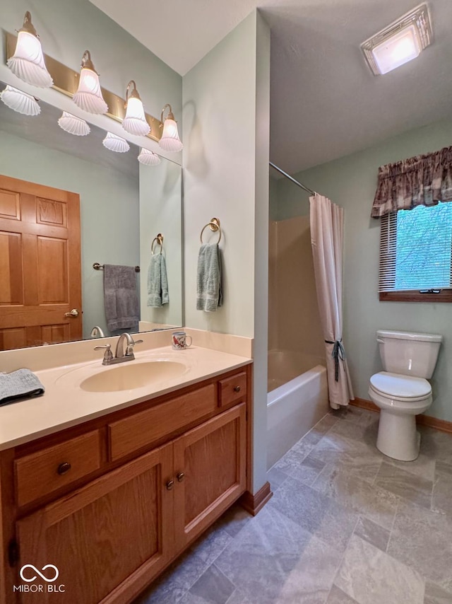 bathroom with toilet, vanity, shower / bathtub combination with curtain, and baseboards