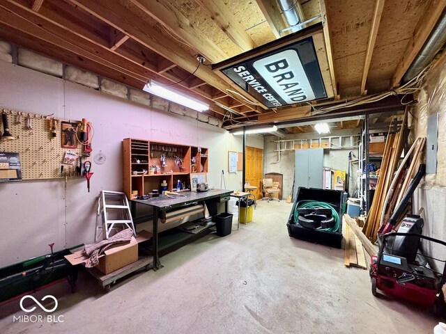 garage with a workshop area