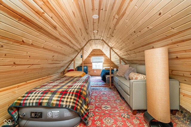 carpeted bedroom featuring wooden walls, vaulted ceiling, and wood ceiling