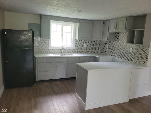 2855 Walker Ave, Indianapolis, IN 46203 - kitchen with a sink, tasteful backsplash, freestanding refrigerator, and dark wood-style floors