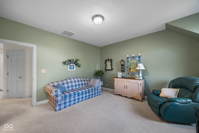 6821 Ripple Creek Dr, Lafayette, IN 47905 - living area featuring carpet floors, a textured ceiling, baseboards, lofted ceiling, and visible vents