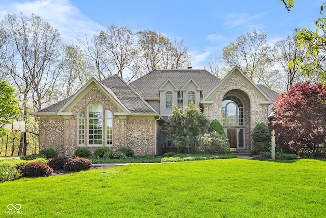 6821 Ripple Creek Dr, Lafayette, IN 47905 - view of front of house with brick siding, a front yard, and roof with shingles