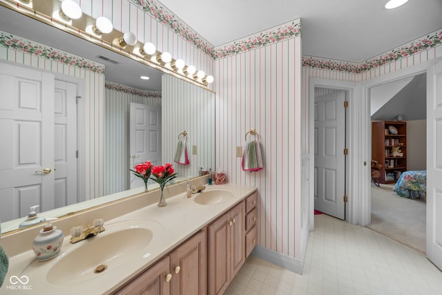 6821 Ripple Creek Dr, Lafayette, IN 47905 - full bathroom with visible vents, a sink, double vanity, and wallpapered walls