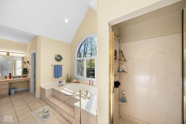6821 Ripple Creek Dr, Lafayette, IN 47905 - full bath with tile patterned flooring, vanity, baseboards, a shower, and a bath