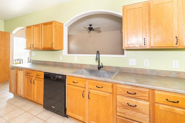 2761 Winding Creek Ln, Greenfield, IN 46140 - kitchen with dishwasher, a ceiling fan, light tile patterned floors, arched walkways, and light countertops
