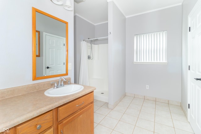 2761 Winding Creek Ln, Greenfield, IN 46140 - bathroom featuring crown molding, vanity, a shower with shower curtain, and tile patterned flooring