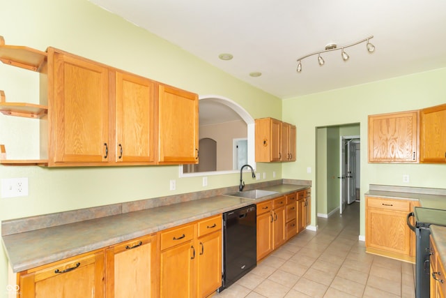 2761 Winding Creek Ln, Greenfield, IN 46140 - kitchen with black dishwasher, light tile patterned floors, range, open shelves, and arched walkways