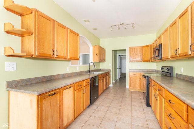 2761 Winding Creek Ln, Greenfield, IN 46140 - kitchen with black appliances, open shelves, and light tile patterned flooring