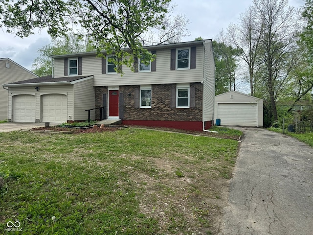 view of front of property with an outbuilding, brick siding, a front lawn, and an attached garage