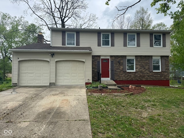view of front of property featuring concrete driveway, brick siding, a chimney, and a front yard