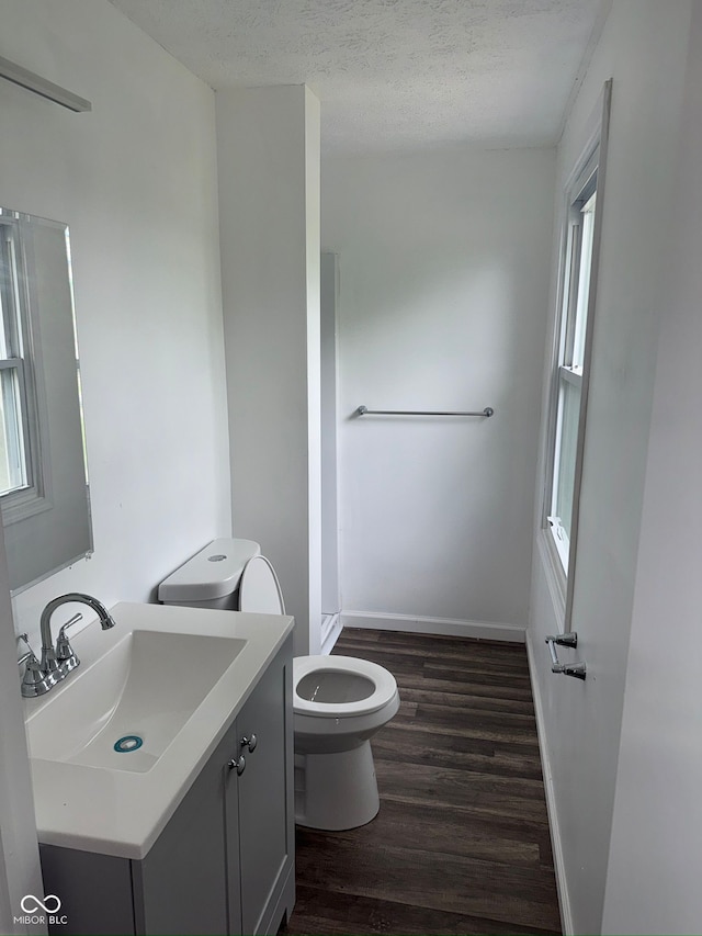 bathroom featuring toilet, wood finished floors, vanity, and a textured ceiling
