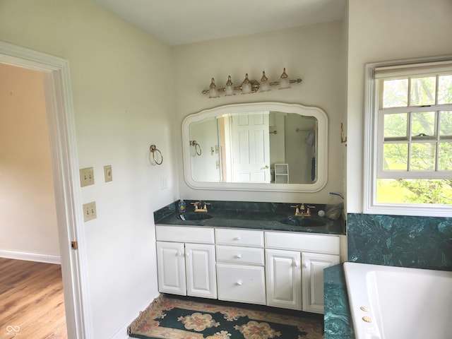 9909 E Mcgregor Rd, Indianapolis, IN 46259 - full bathroom with a tub to relax in, double vanity, wood finished floors, and baseboards