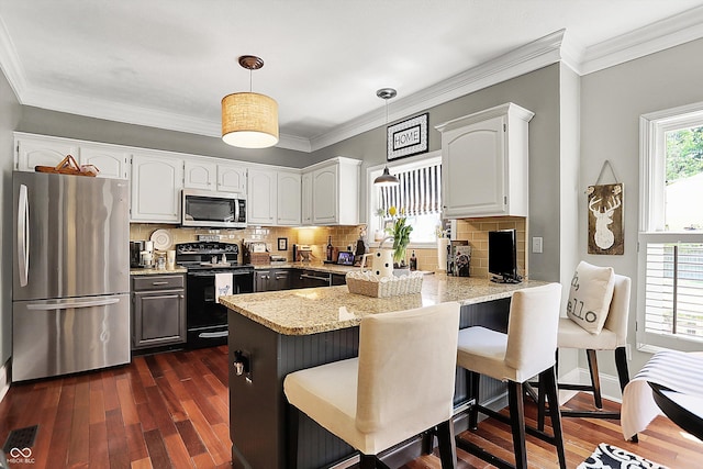 kitchen featuring stainless steel appliances, a peninsula, dark wood-style floors, light stone countertops, and white cabinets