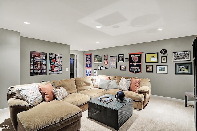 living area featuring light carpet, recessed lighting, and baseboards