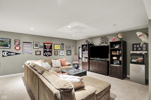 living room with light colored carpet, baseboards, and recessed lighting