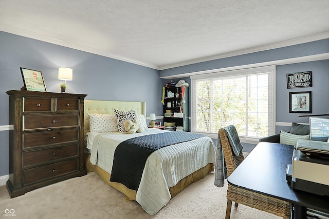 bedroom with crown molding and light carpet