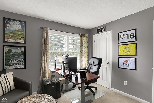 office area with light colored carpet, baseboards, and a textured ceiling