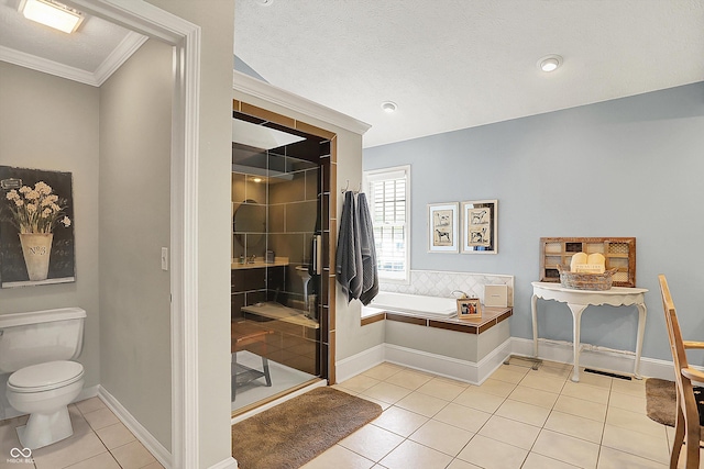 bathroom with tile patterned flooring, a bath, a shower stall, crown molding, and toilet