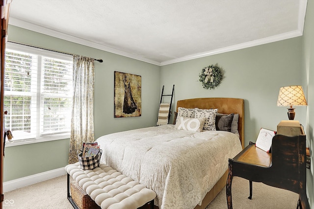 carpeted bedroom featuring multiple windows, crown molding, and baseboards
