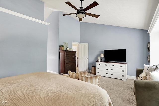 carpeted bedroom featuring vaulted ceiling, baseboards, and ceiling fan