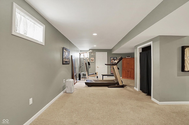 workout area featuring carpet flooring, baseboards, and recessed lighting