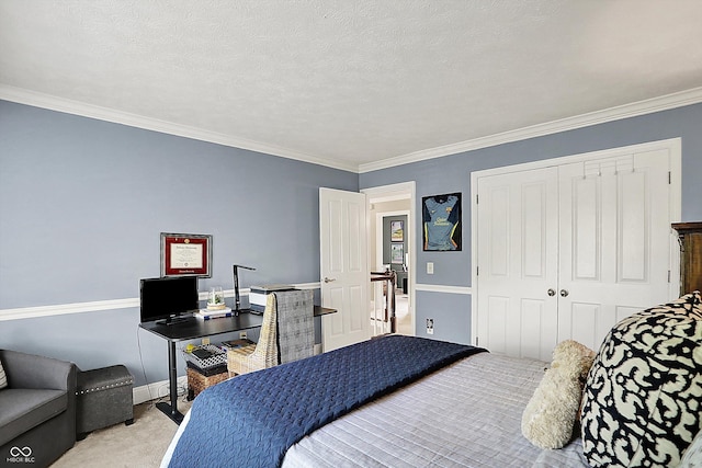 carpeted bedroom with a closet and ornamental molding