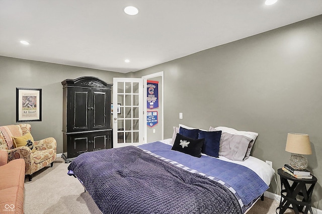 bedroom with carpet, recessed lighting, and baseboards