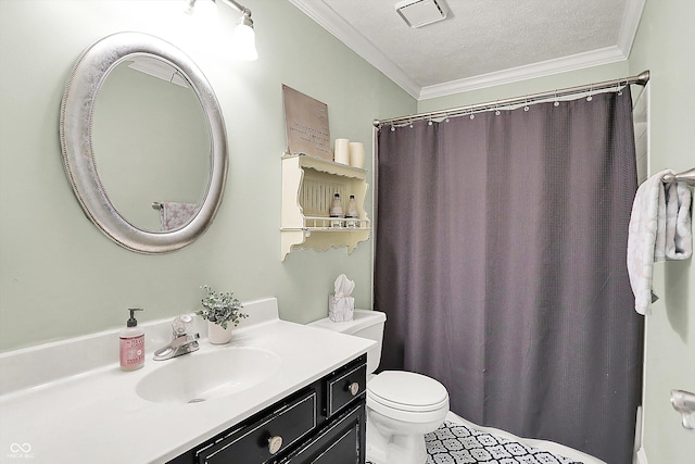 bathroom featuring ornamental molding, vanity, toilet, curtained shower, and a textured ceiling