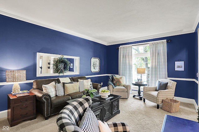 carpeted living room with crown molding and baseboards