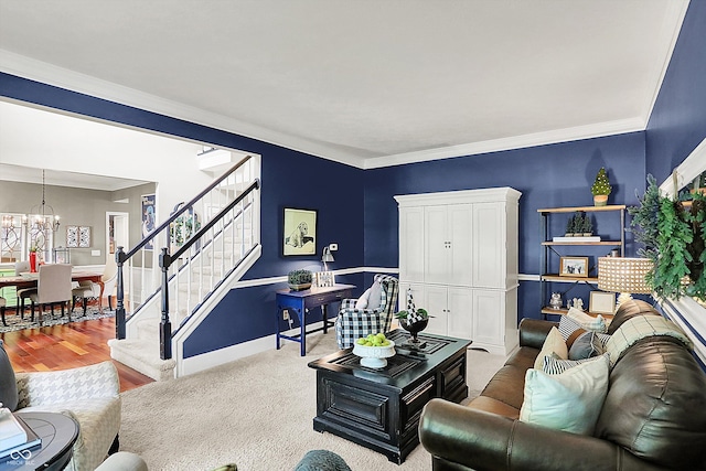 living room with a chandelier, stairway, crown molding, and baseboards