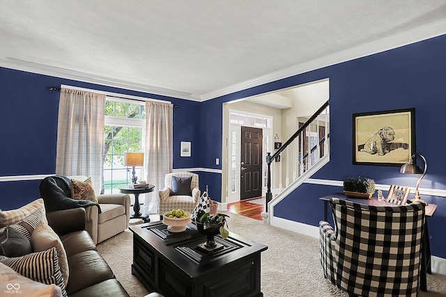 living area featuring carpet, stairway, ornamental molding, and baseboards