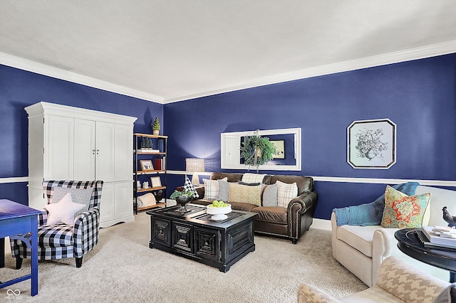 living room with crown molding and light colored carpet