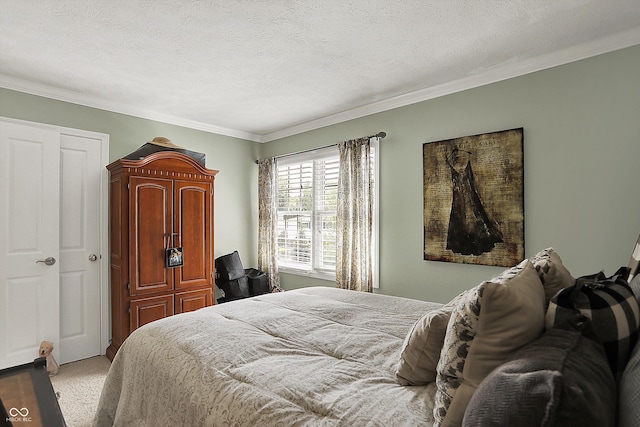 bedroom with carpet flooring and ornamental molding