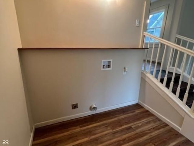 223 E Fordice St, Lebanon, IN 46052 - washroom featuring baseboards, washer hookup, laundry area, dark wood-style floors, and electric dryer hookup