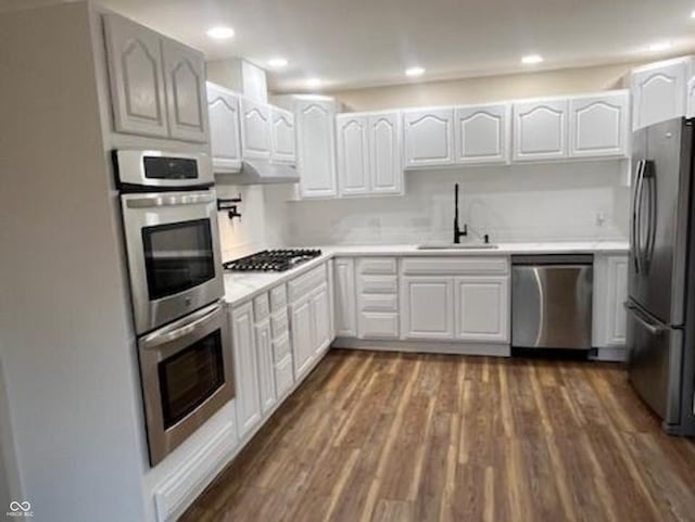 223 E Fordice St, Lebanon, IN 46052 - kitchen with a sink, white cabinetry, dark wood-style flooring, light countertops, and appliances with stainless steel finishes