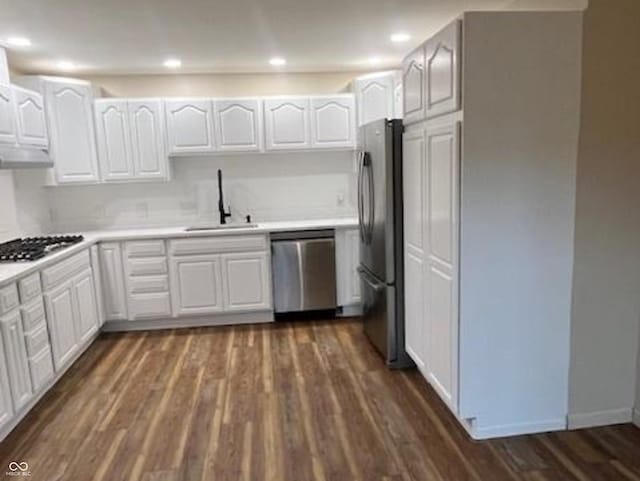 223 E Fordice St, Lebanon, IN 46052 - kitchen featuring a sink, white cabinets, dark wood finished floors, light countertops, and appliances with stainless steel finishes