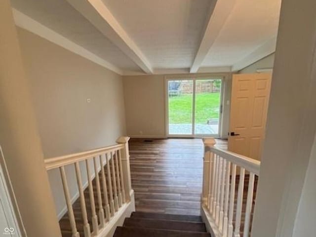 223 E Fordice St, Lebanon, IN 46052 - staircase with beam ceiling, wood finished floors, and baseboards