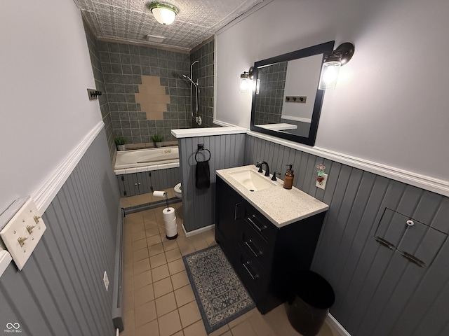 7140 N Michigan Rd, Fairland, IN 46126 - bathroom with vanity, tile patterned floors, bathing tub / shower combination, wainscoting, and an ornate ceiling