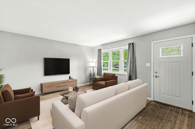 living room with wood-type flooring, baseboards, and a healthy amount of sunlight