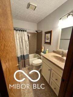 full bathroom with shower / bath combo with shower curtain, a textured ceiling, toilet, visible vents, and vanity