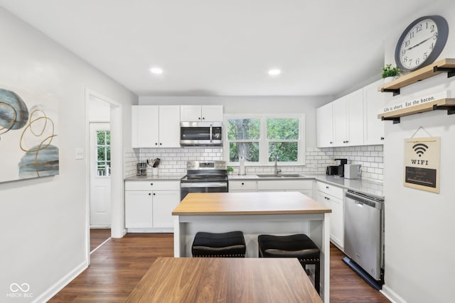 kitchen featuring backsplash, appliances with stainless steel finishes, dark wood-type flooring, and a sink