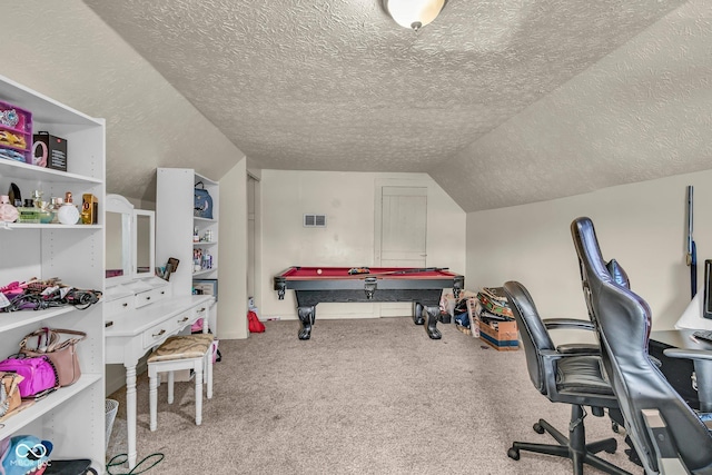 office area featuring carpet flooring, vaulted ceiling, billiards table, and a textured ceiling